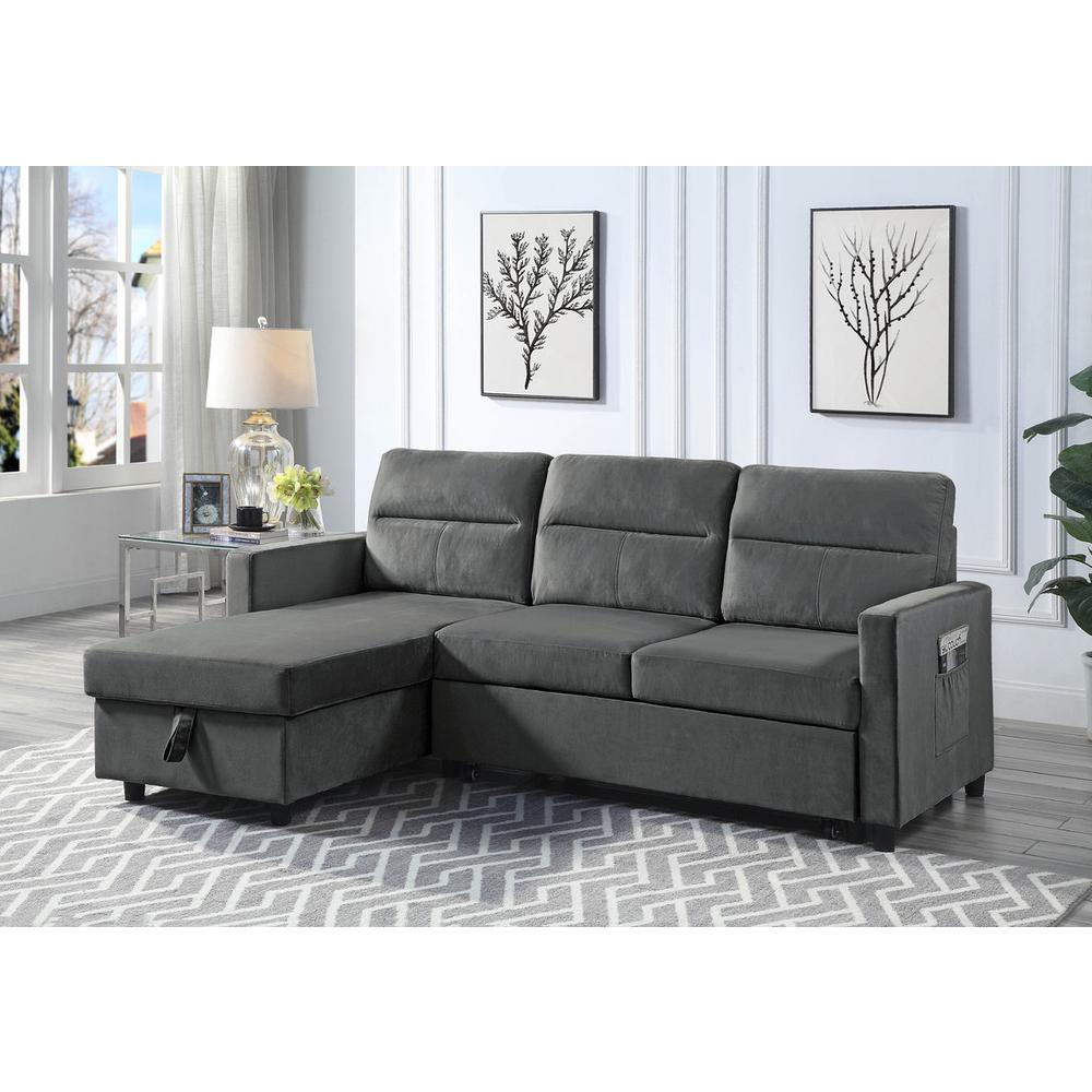 Ivy Dark Gray Velvet Reversible Sleeper Sectional Sofa with Storage Chaise and Side Pocket. Picture 4