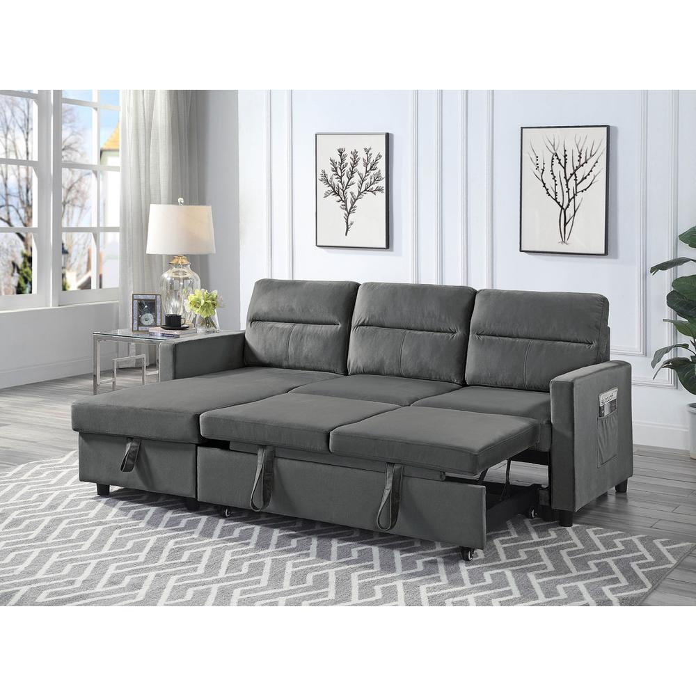 Ivy Dark Gray Velvet Reversible Sleeper Sectional Sofa with Storage Chaise and Side Pocket. Picture 2