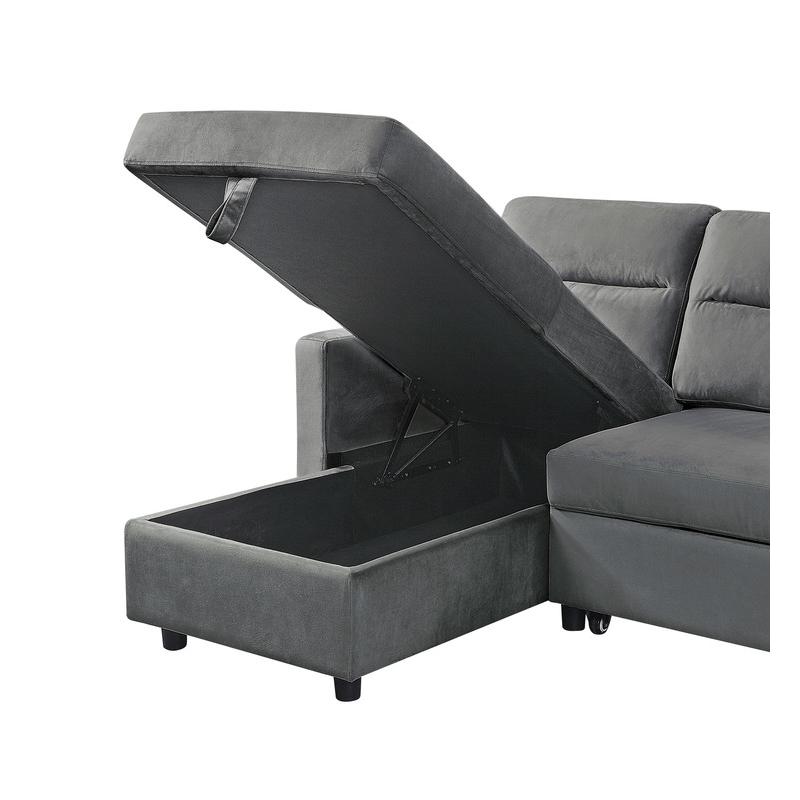 Ivy Dark Gray Velvet Reversible Sleeper Sectional Sofa with Storage Chaise and Side Pocket. Picture 6