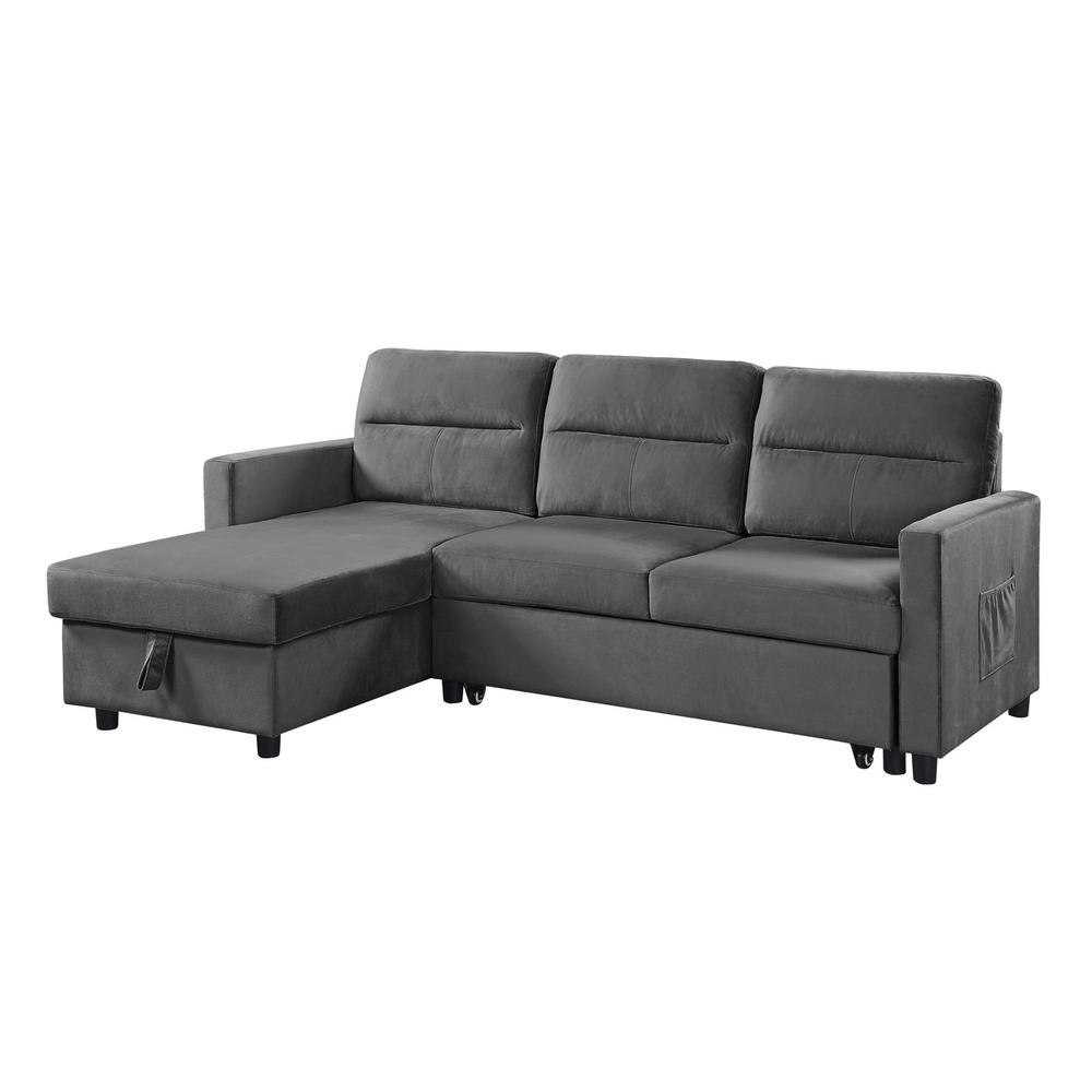 Ivy Dark Gray Velvet Reversible Sleeper Sectional Sofa with Storage Chaise and Side Pocket. Picture 1
