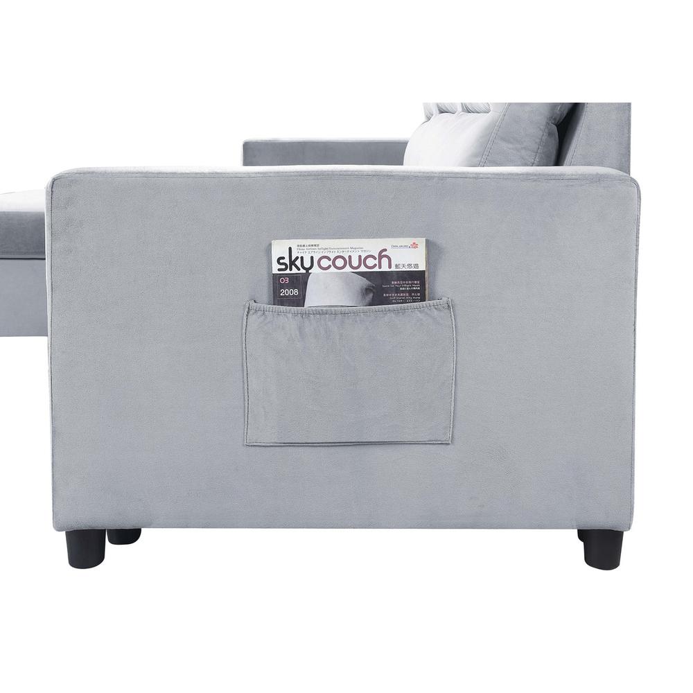 Ruby Light Gray Velvet Reversible Sleeper Sectional Sofa with Storage Chaise and Side Pocket. Picture 5
