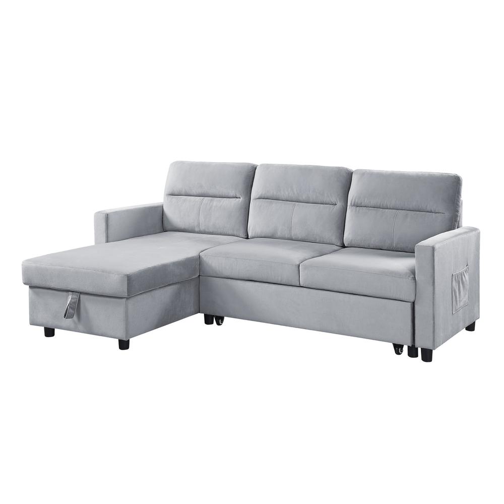 Ruby Light Gray Velvet Reversible Sleeper Sectional Sofa with Storage Chaise and Side Pocket. Picture 2