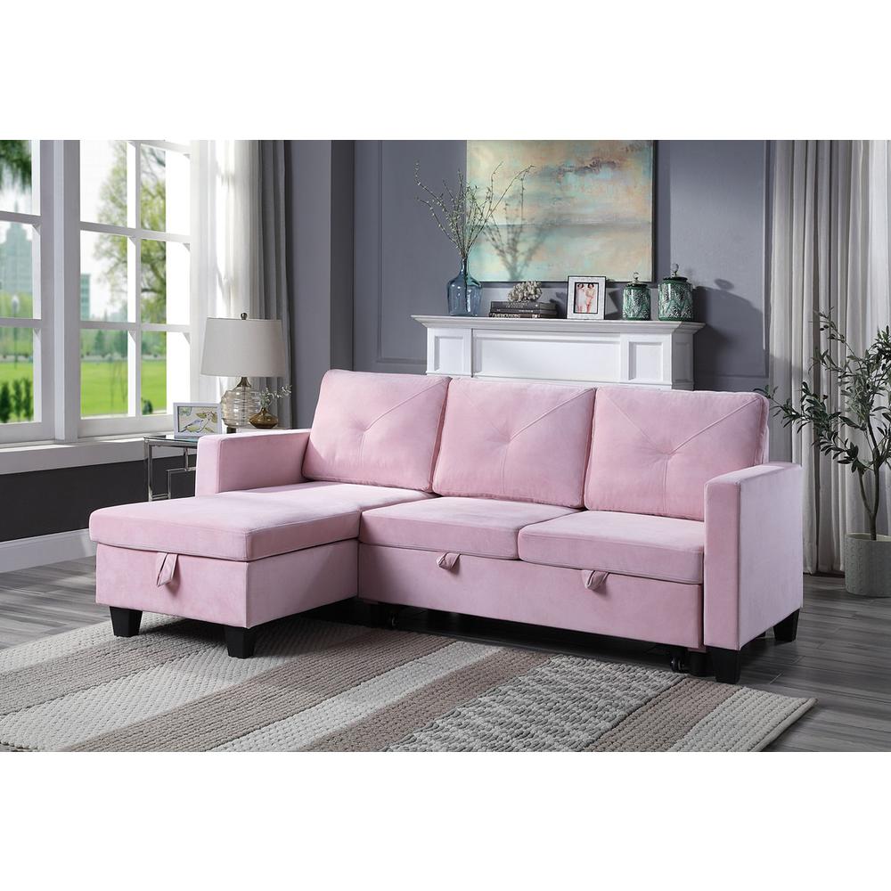 Nova Pink Velvet Reversible Sleeper Sectional Sofa with Storage Chaise. Picture 4