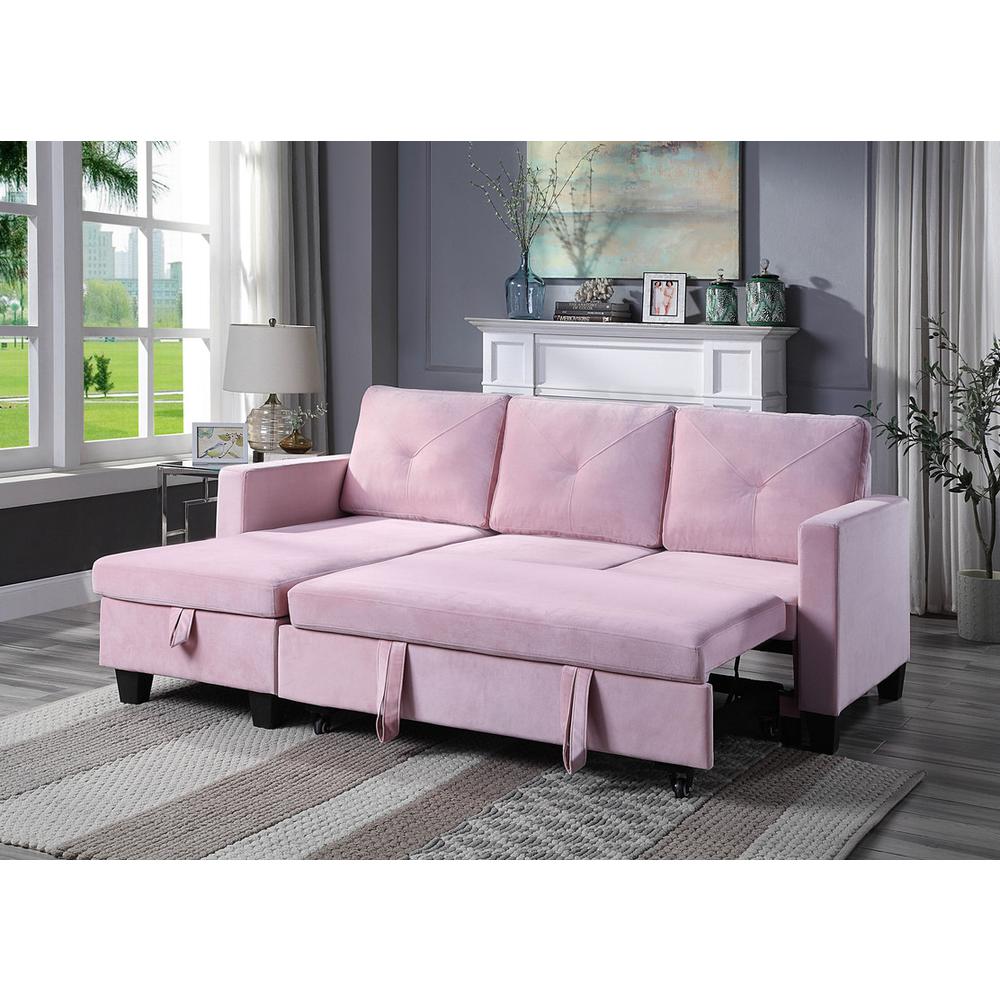 Nova Pink Velvet Reversible Sleeper Sectional Sofa with Storage Chaise. Picture 5