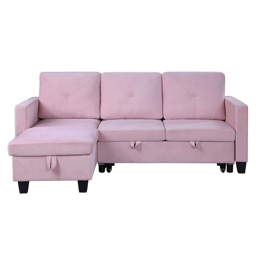 Nova Pink Velvet Reversible Sleeper Sectional Sofa with Storage Chaise. Picture 1