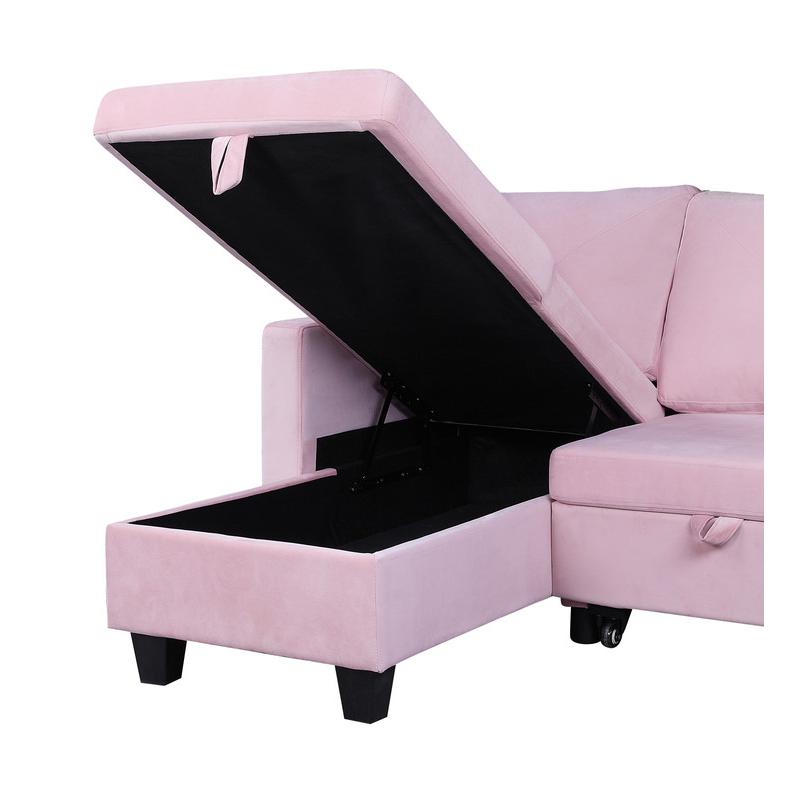 Nova Pink Velvet Reversible Sleeper Sectional Sofa with Storage Chaise. Picture 3