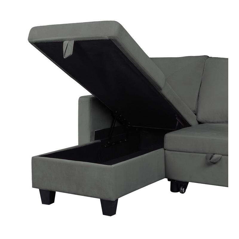 Nova Dark Gray Velvet Reversible Sleeper Sectional Sofa with Storage Chaise. Picture 5