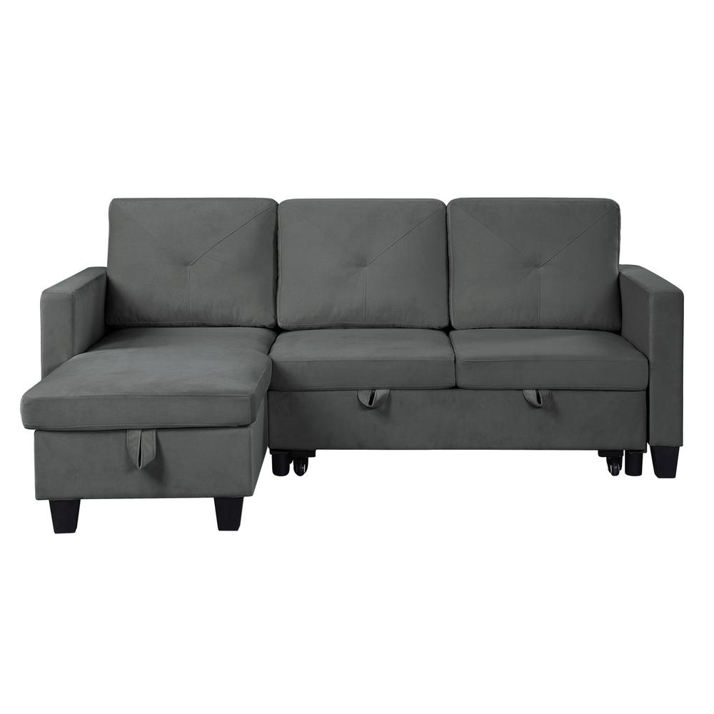 Nova Dark Gray Velvet Reversible Sleeper Sectional Sofa with Storage Chaise. Picture 3