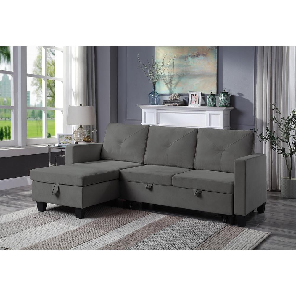 Nova Dark Gray Velvet Reversible Sleeper Sectional Sofa with Storage Chaise. Picture 4