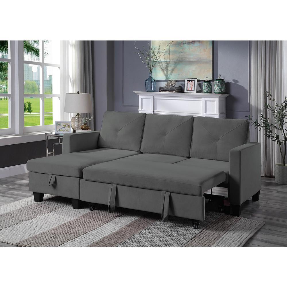 Nova Dark Gray Velvet Reversible Sleeper Sectional Sofa with Storage Chaise. Picture 2