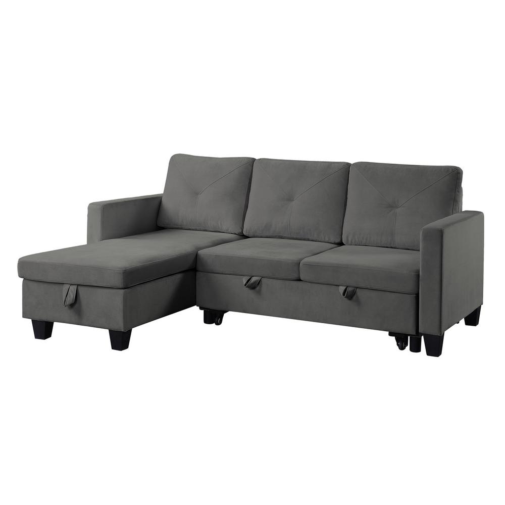 Nova Dark Gray Velvet Reversible Sleeper Sectional Sofa with Storage Chaise. Picture 1