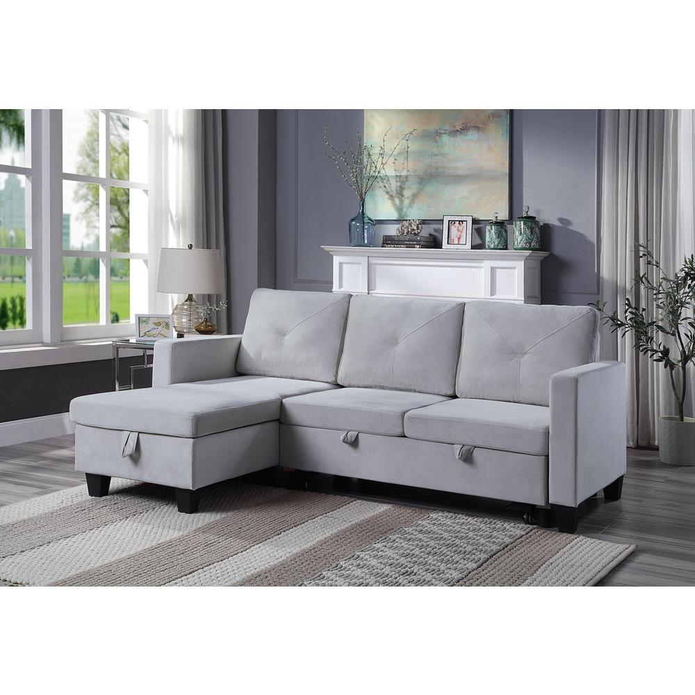 Nova Light Gray Velvet Reversible Sleeper Sectional Sofa with Storage Chaise. Picture 2