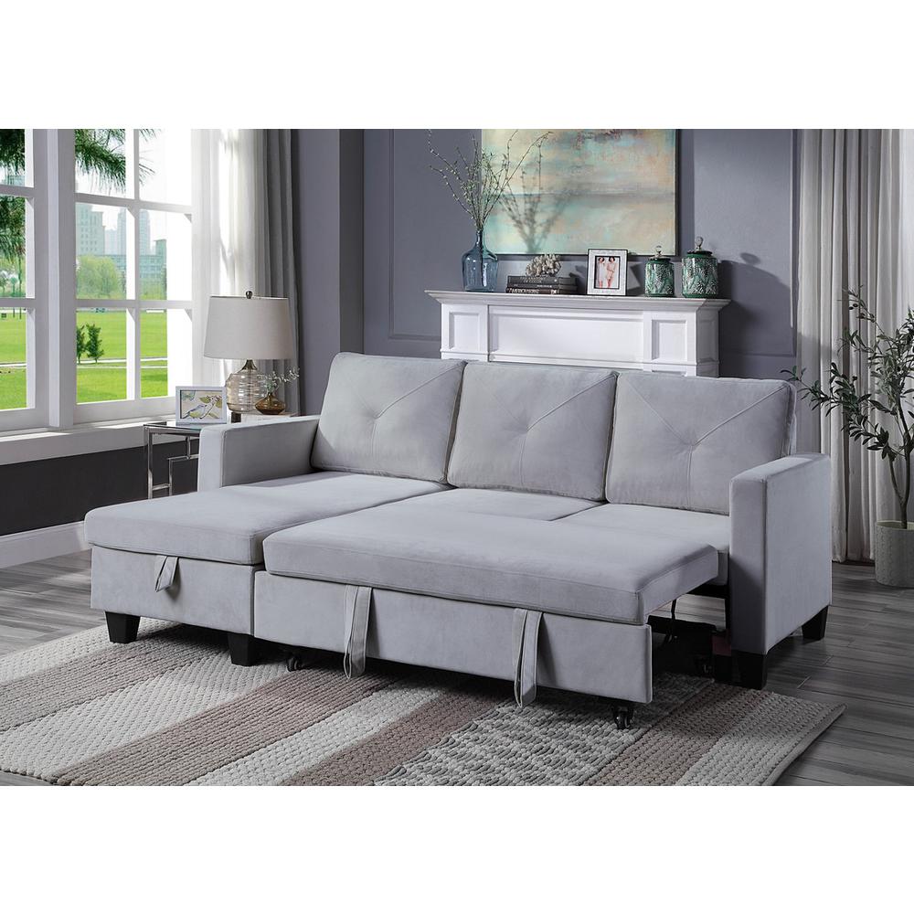Nova Light Gray Velvet Reversible Sleeper Sectional Sofa with Storage Chaise. Picture 3