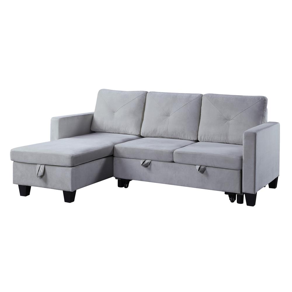 Nova Light Gray Velvet Reversible Sleeper Sectional Sofa with Storage Chaise. Picture 1
