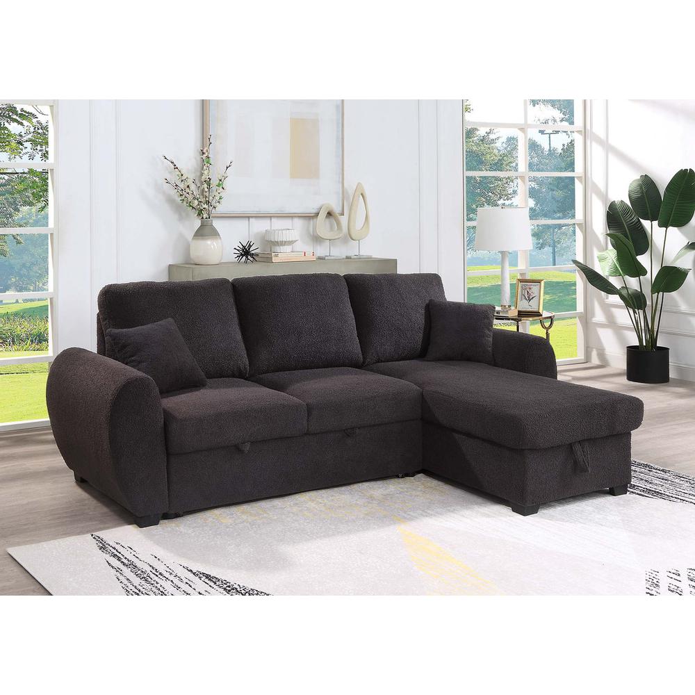 95"W Black Teddy Fleece Reversible Sleeper Sectional Sofa with Storage Chaise. Picture 4