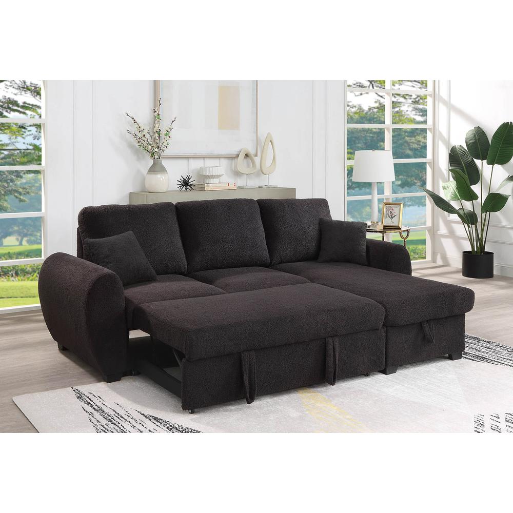 95"W Black Teddy Fleece Reversible Sleeper Sectional Sofa with Storage Chaise. Picture 2