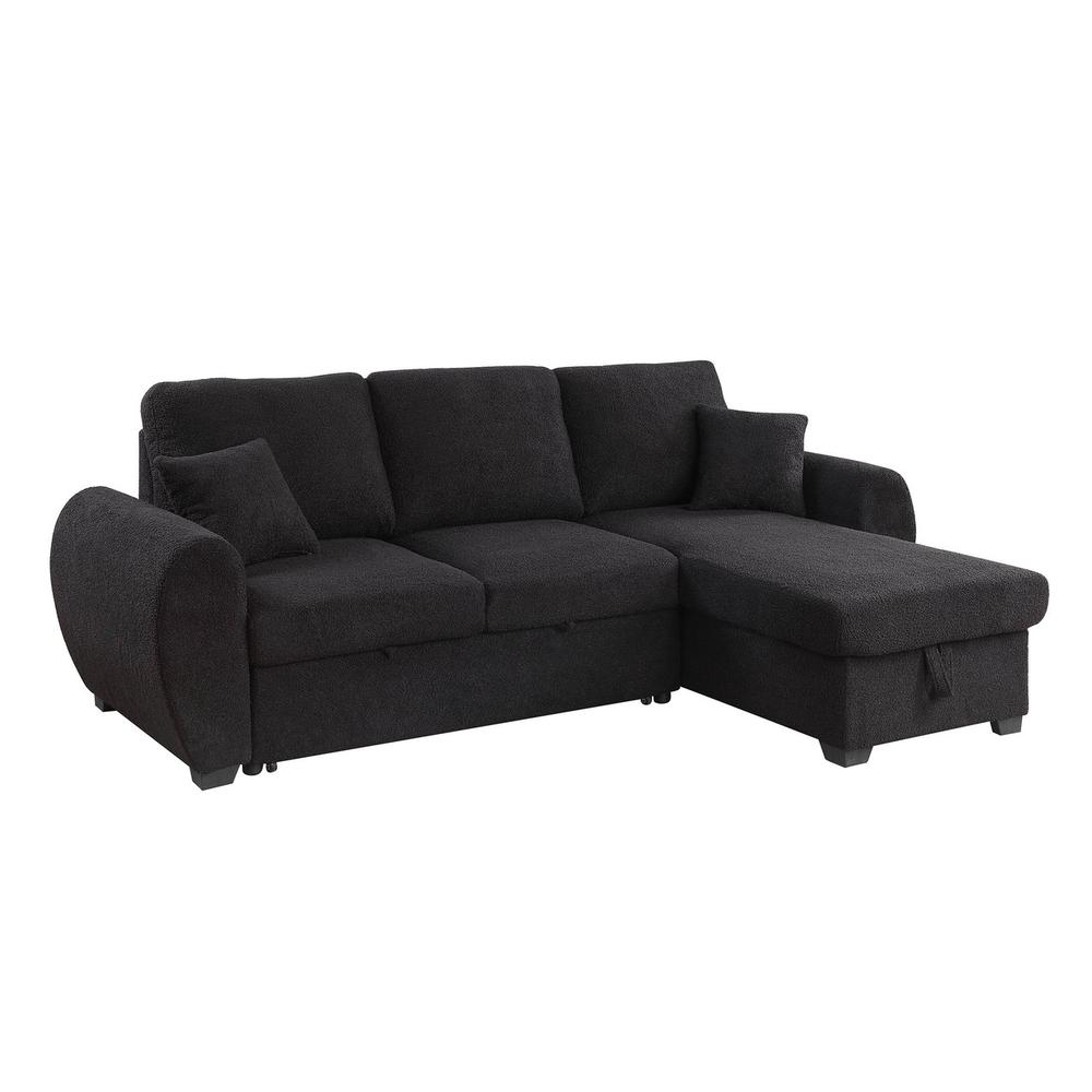 95"W Black Teddy Fleece Reversible Sleeper Sectional Sofa with Storage Chaise. Picture 1