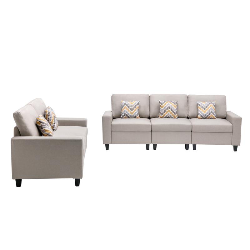 Nolan Beige Linen Fabric Sofa and Loveseat Living Room Set with Pillows and Interchangeable Legs. Picture 6