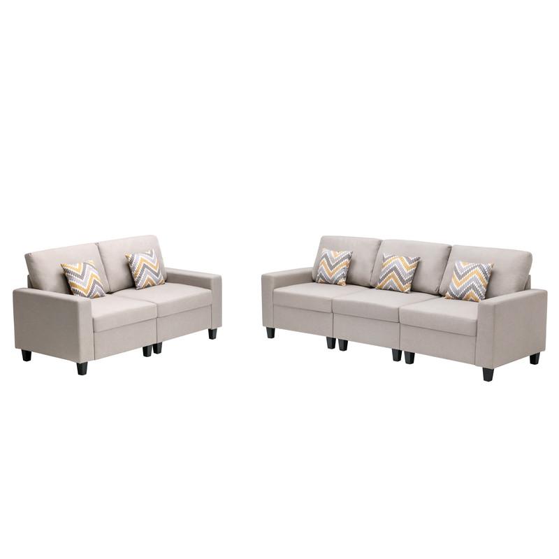 Nolan Beige Linen Fabric Sofa and Loveseat Living Room Set with Pillows and Interchangeable Legs. Picture 5