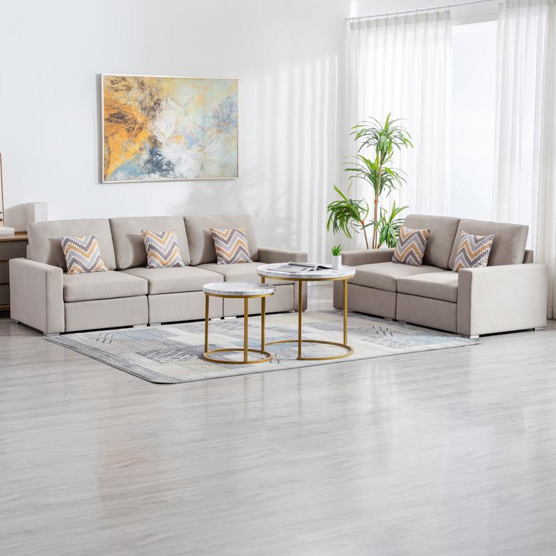 Nolan Beige Linen Fabric Sofa and Loveseat Living Room Set with Pillows and Interchangeable Legs. Picture 2