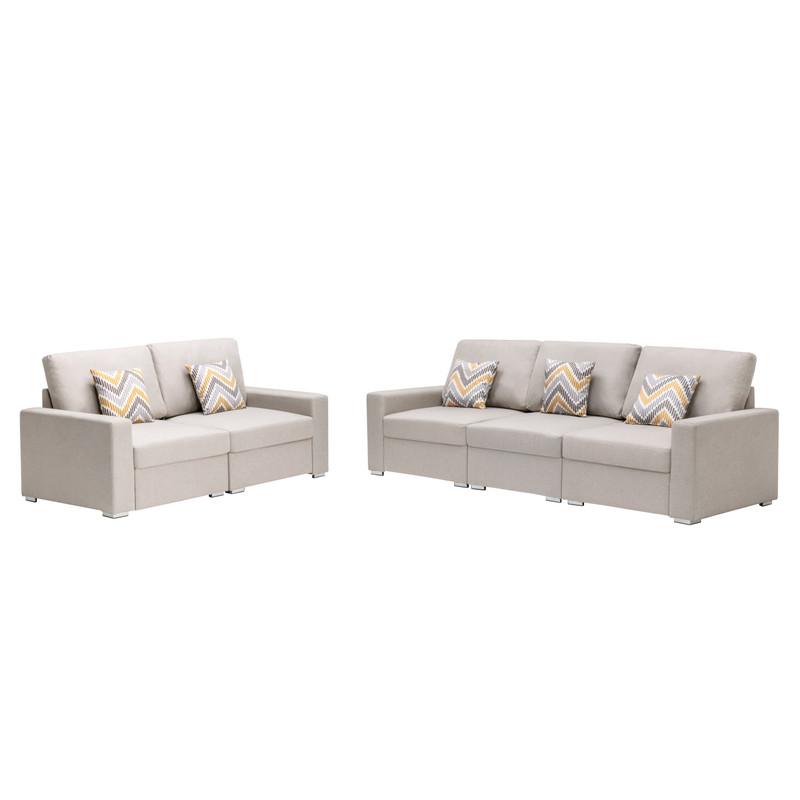 Nolan Beige Linen Fabric Sofa and Loveseat Living Room Set with Pillows and Interchangeable Legs. Picture 1