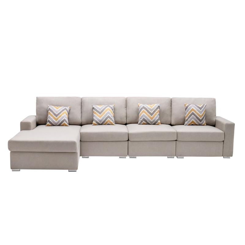 Nolan Beige Linen Fabric 4Pc Reversible Sectional Sofa Chaise with Pillows and Interchangeable Legs. Picture 3