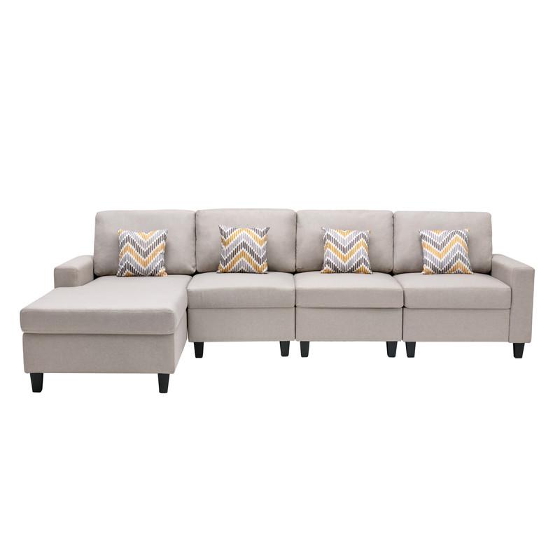 Nolan Beige Linen Fabric 4Pc Reversible Sectional Sofa Chaise with Pillows and Interchangeable Legs. Picture 6