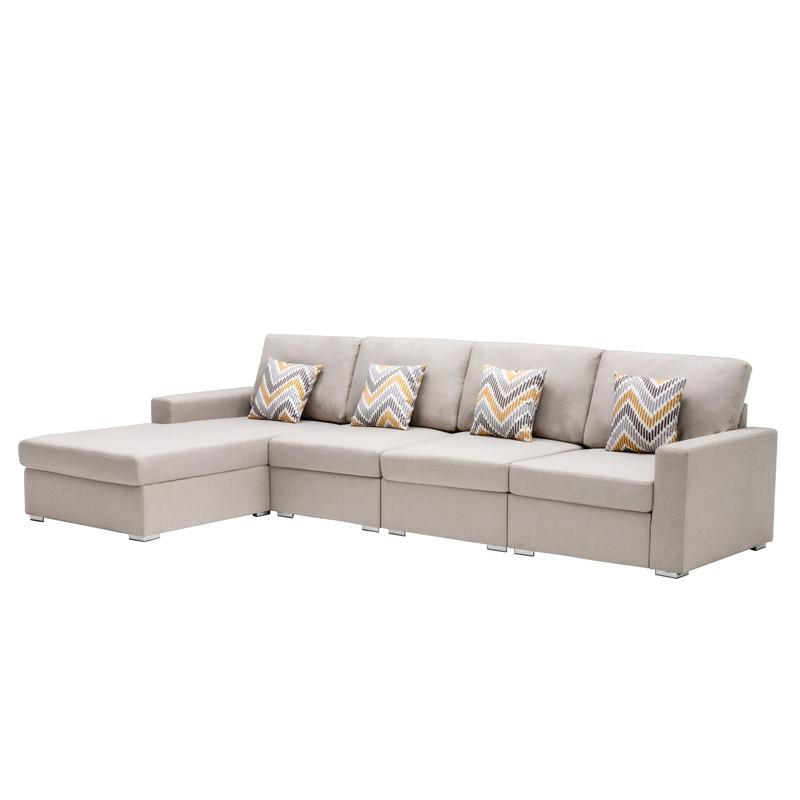 Nolan Beige Linen Fabric 4Pc Reversible Sectional Sofa Chaise with Pillows and Interchangeable Legs. Picture 1