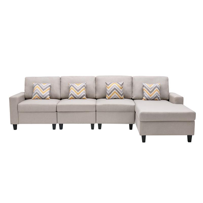 Nolan Beige Linen Fabric 4 Pc Reversible Sectional Sofa Chaise with Pillows and Interchangeable Legs. Picture 6