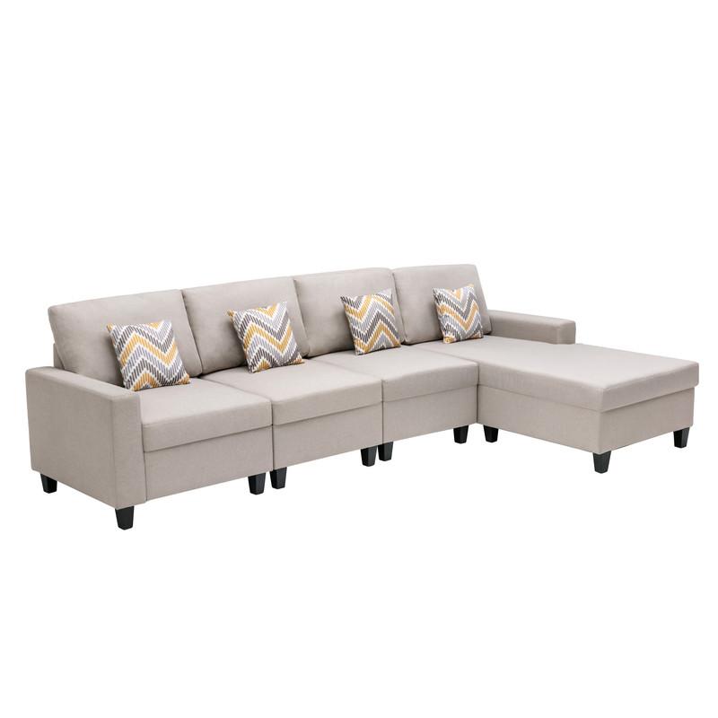 Nolan Beige Linen Fabric 4 Pc Reversible Sectional Sofa Chaise with Pillows and Interchangeable Legs. Picture 5