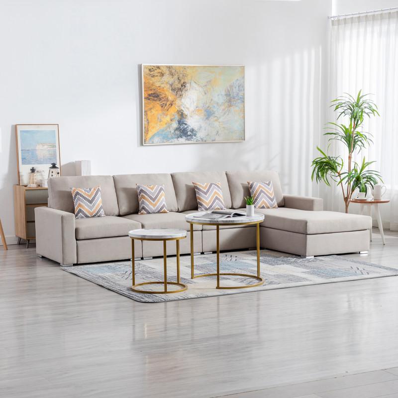 Nolan Beige Linen Fabric 4 Pc Reversible Sectional Sofa Chaise with Pillows and Interchangeable Legs. Picture 2