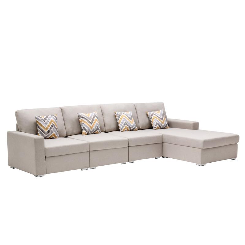 Nolan Beige Linen Fabric 4 Pc Reversible Sectional Sofa Chaise with Pillows and Interchangeable Legs. Picture 1