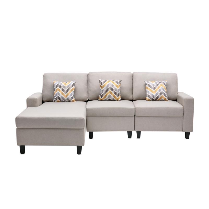 Nolan Beige Linen Fabric 3Pc Reversible Sectional Sofa Chaise with Pillows and Interchangeable Legs. Picture 6