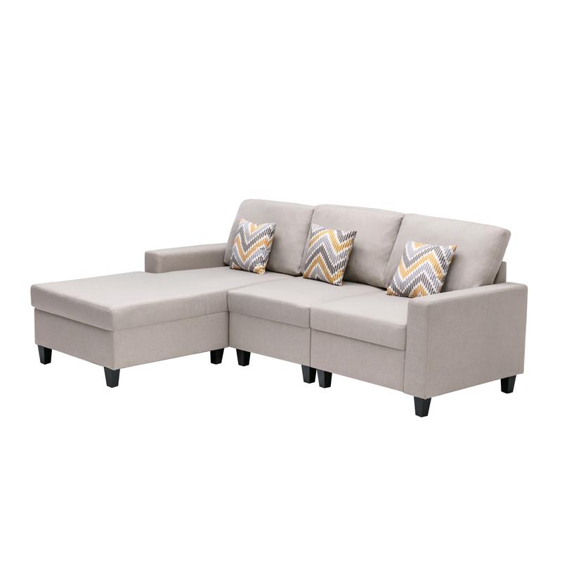 Nolan Beige Linen Fabric 3Pc Reversible Sectional Sofa Chaise with Pillows and Interchangeable Legs. Picture 5