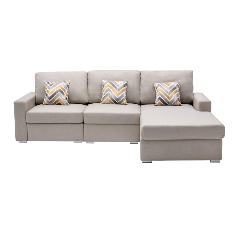 Nolan Beige Linen Fabric 3 Pc Reversible Sectional Sofa Chaise with Pillows and Interchangeable Legs. Picture 3