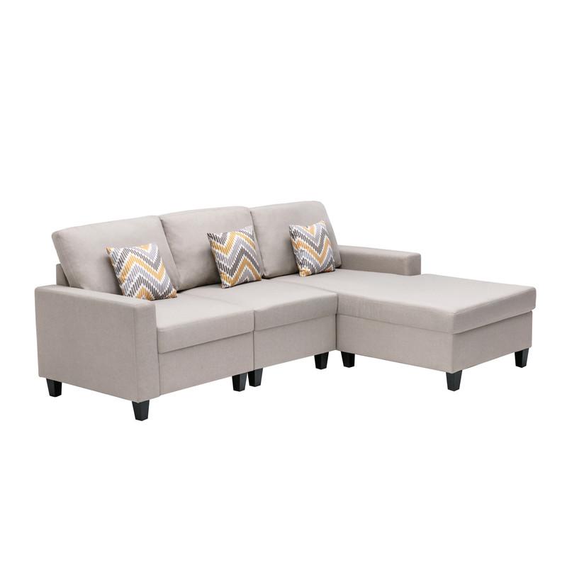 Nolan Beige Linen Fabric 3 Pc Reversible Sectional Sofa Chaise with Pillows and Interchangeable Legs. Picture 5