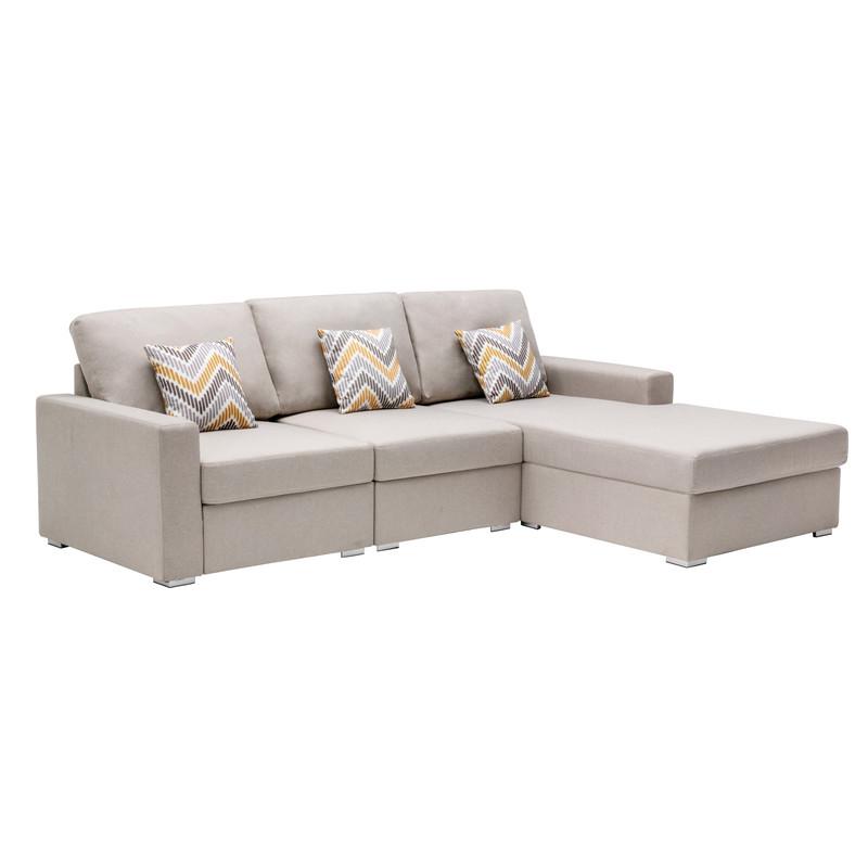 Nolan Beige Linen Fabric 3 Pc Reversible Sectional Sofa Chaise with Pillows and Interchangeable Legs. Picture 1
