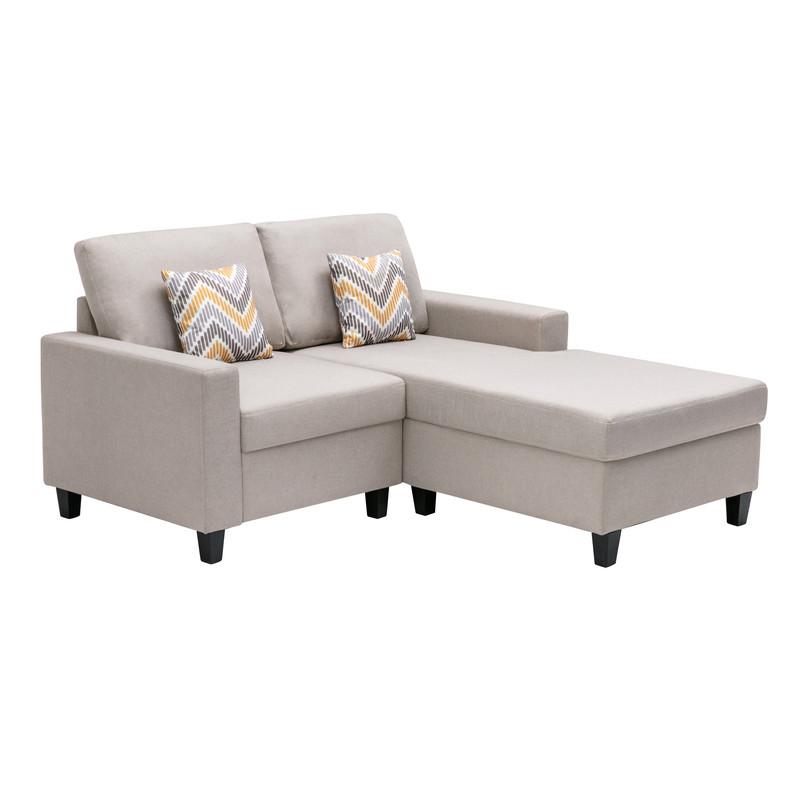 Nolan Beige Linen Fabric 2-Seater Reversible Sofa Chaise with Pillows and Interchangeable Legs. Picture 5