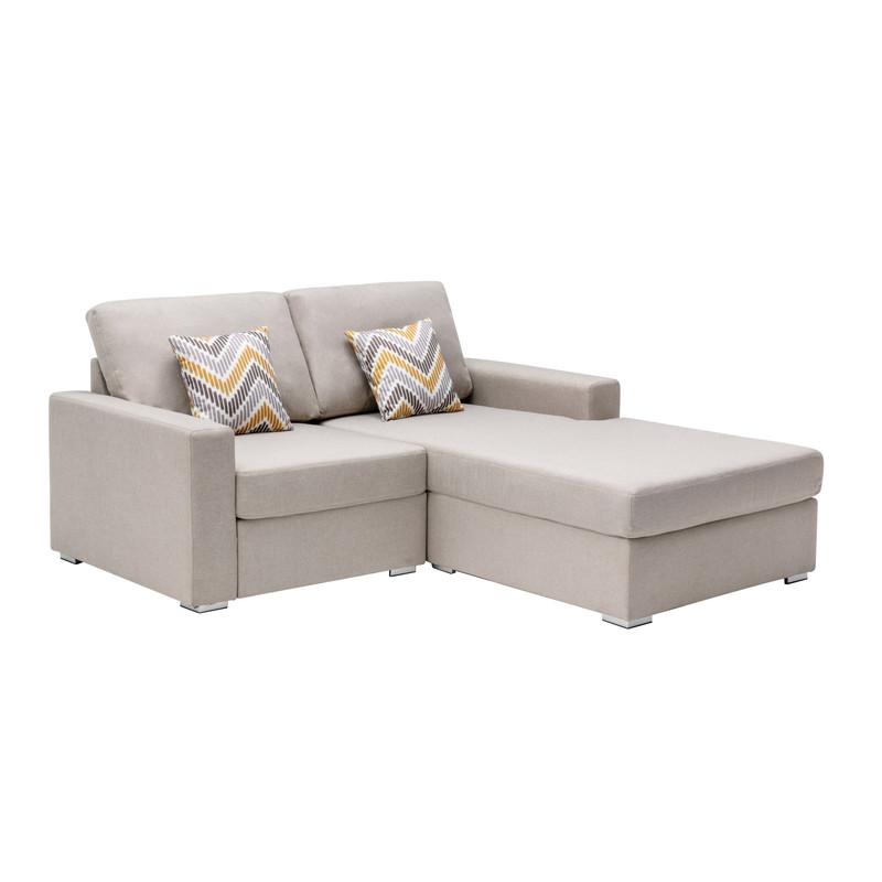 Nolan Beige Linen Fabric 2-Seater Reversible Sofa Chaise with Pillows and Interchangeable Legs. Picture 1