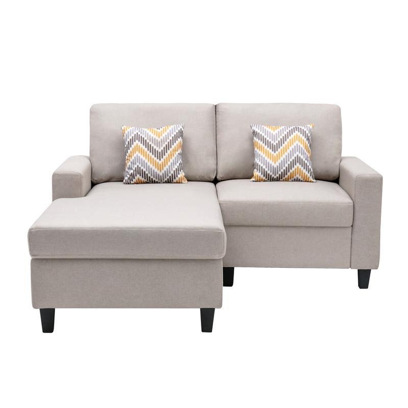 Nolan Beige Linen Fabric 2 Seater Reversible Sofa Chaise with Pillows and Interchangeable Legs. Picture 6