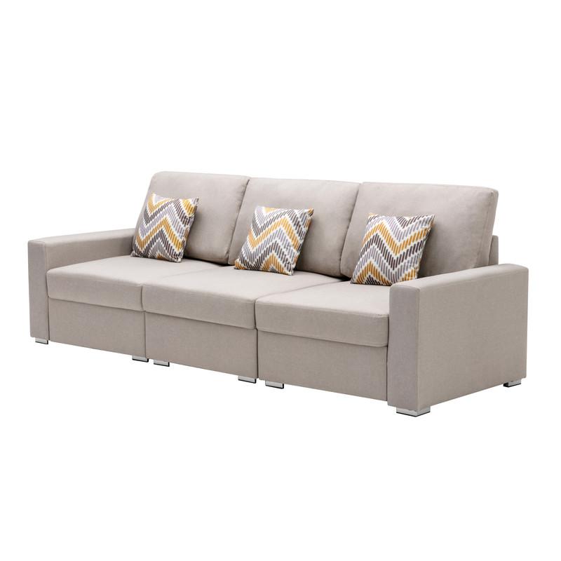 Nolan Beige Linen Fabric Sofa with Pillows and Interchangeable Legs. The main picture.