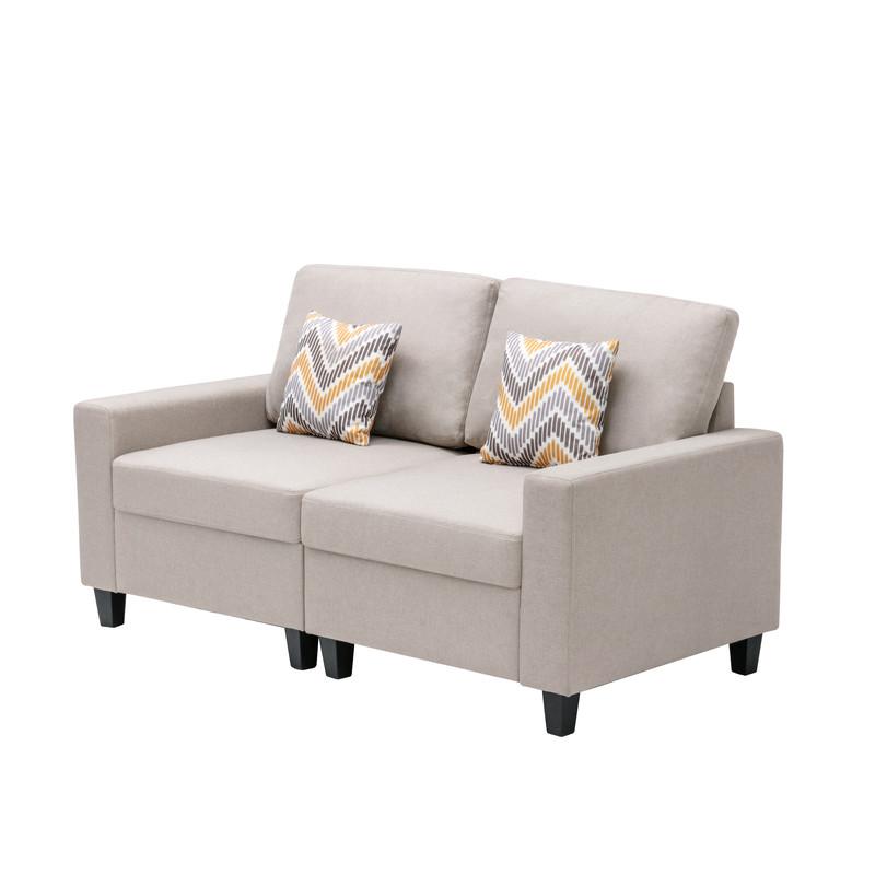 Nolan Beige Linen Fabric Loveseat with Pillows and Interchangeable Legs. Picture 5