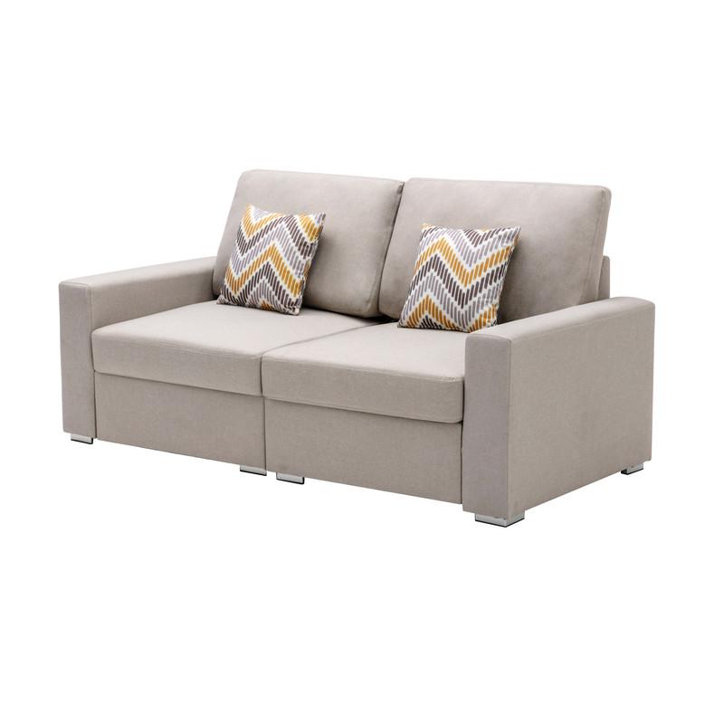 Nolan Beige Linen Fabric Loveseat with Pillows and Interchangeable Legs. Picture 1
