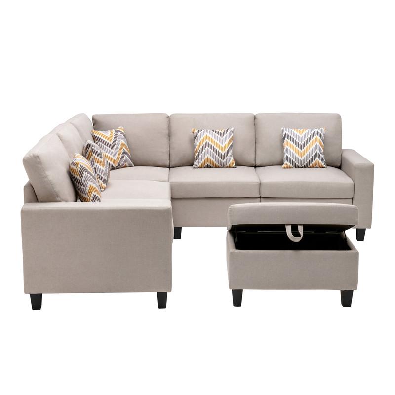 Nolan Beige Linen Fabric 6Pc Reversible Sectional Sofa with Pillows, Storage Ottoman, and Interchangeable Legs. Picture 6