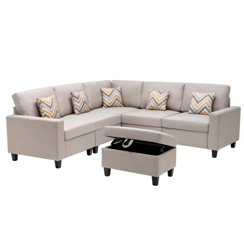 Nolan Beige Linen Fabric 6Pc Reversible Sectional Sofa with Pillows, Storage Ottoman, and Interchangeable Legs. Picture 5