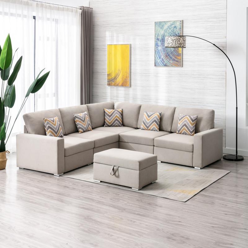 Nolan Beige Linen Fabric 6Pc Reversible Sectional Sofa with Pillows, Storage Ottoman, and Interchangeable Legs. Picture 2