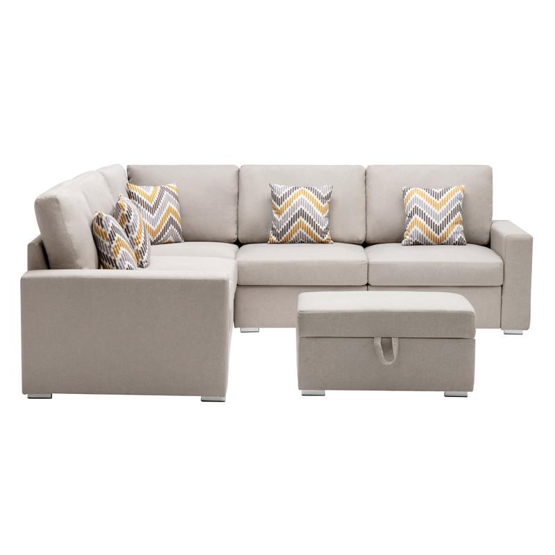Nolan Beige Linen Fabric 6Pc Reversible Sectional Sofa with Pillows, Storage Ottoman, and Interchangeable Legs. Picture 3