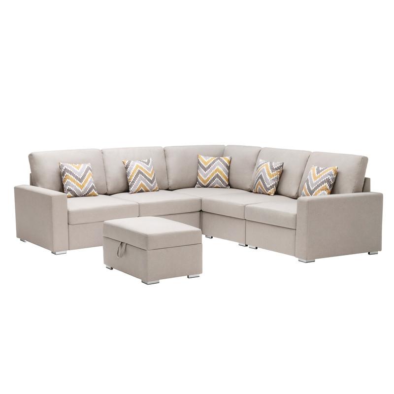 Nolan Beige Linen Fabric 6Pc Reversible Sectional Sofa with Pillows, Storage Ottoman, and Interchangeable Legs. The main picture.