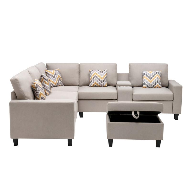 Nolan Beige Linen Fabric 7Pc Reversible Sectional Sofa with Interchangeable Legs, Pillows, Storage Ottoman, and a USB, Charging Ports, Cupholders and Storage Console Table. Picture 6