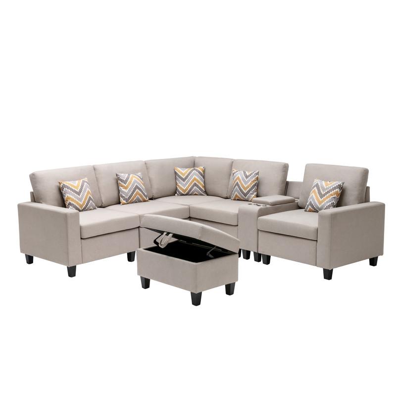 Nolan Beige Linen Fabric 7Pc Reversible Sectional Sofa with Interchangeable Legs, Pillows, Storage Ottoman, and a USB, Charging Ports, Cupholders and Storage Console Table. Picture 5
